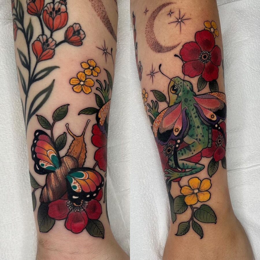 Vibrant neo-traditional flora and fauna tattoo design Tattoo on skin