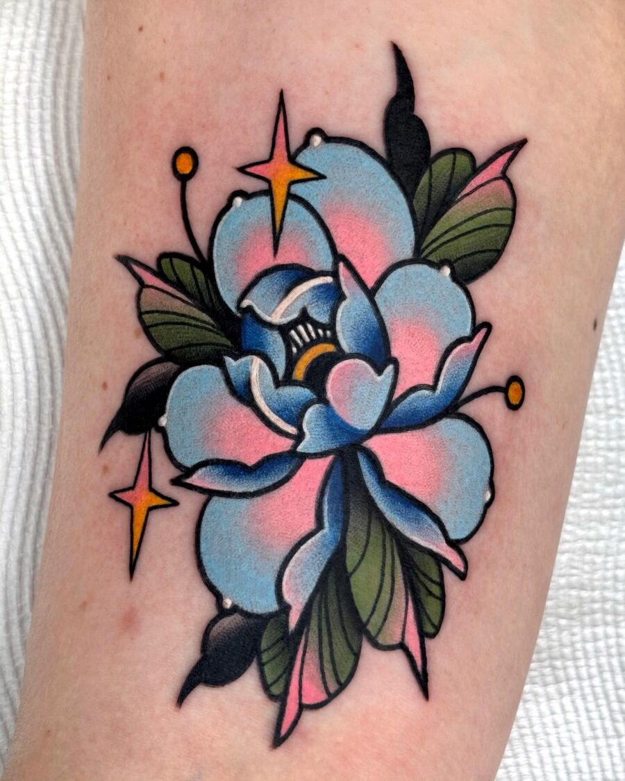 Vibrant neo-traditional floral tattoo design Tattoo on skin