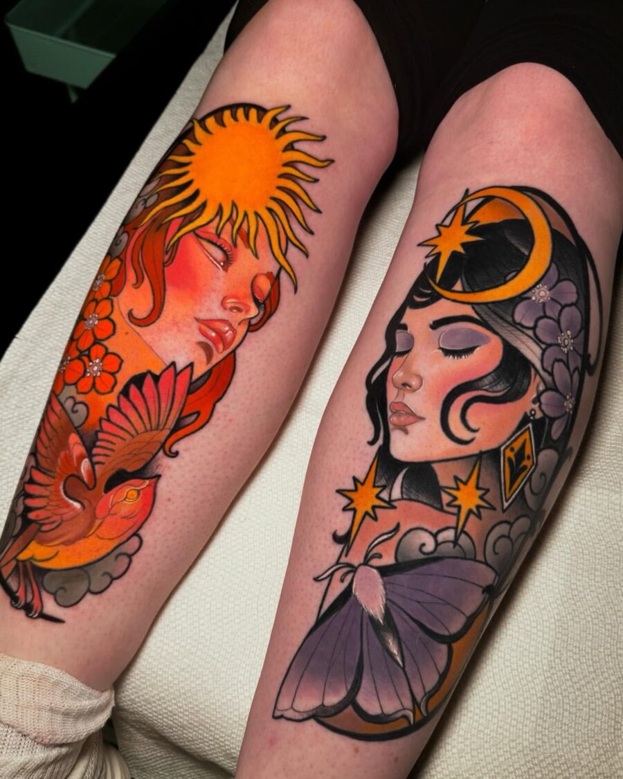 Vibrant Sun and Moon Neo-Traditional Tattoos Tattoo on skin