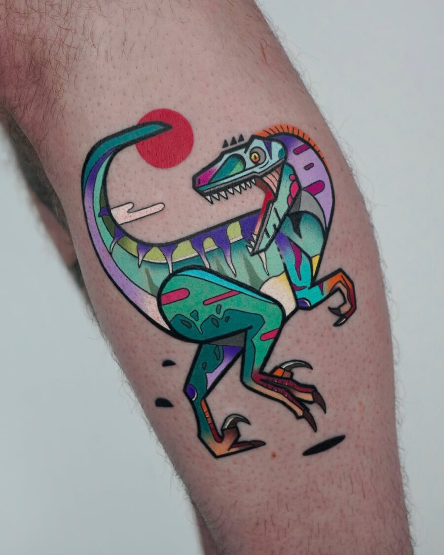 Bold cartoon dinosaur tattoo with vibrant colors Tattoo on skin