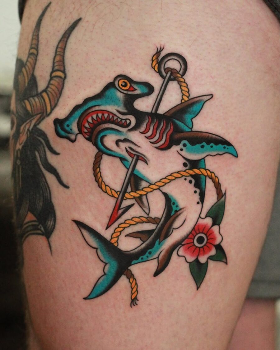 Bold Shark Tattoo with Retro Elements Tattoo on skin