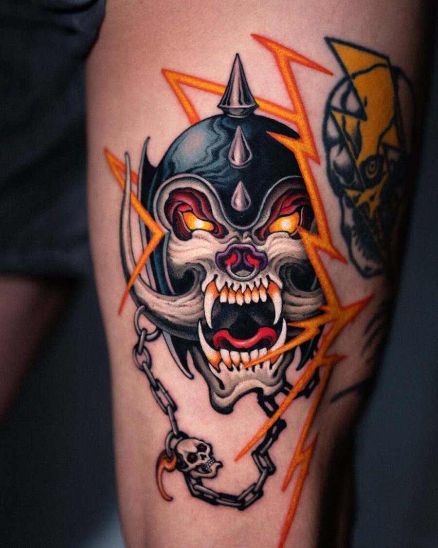 Dramatic Skull Tattoo with Lightning Effects Tattoo on skin