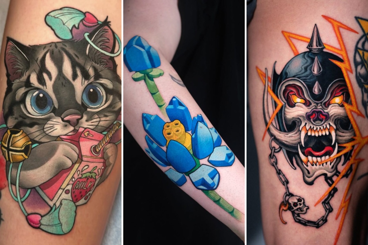 35+ New School Tattoo Ideas Bursting With Exaggerated Comic Energy Featured 3-Panel Lookbook Collage