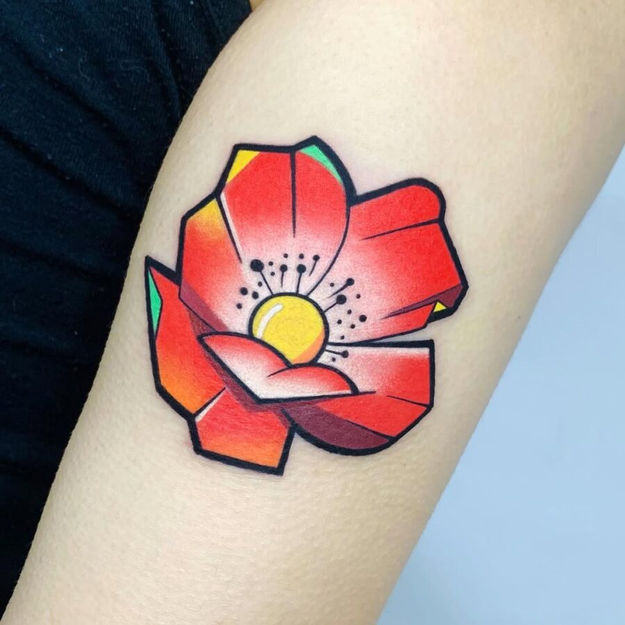 Vibrant Flower Tattoo with Dynamic Color Play Tattoo on skin
