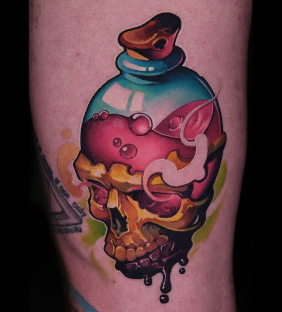 Vibrant skull design with potion vibes Tattoo on skin