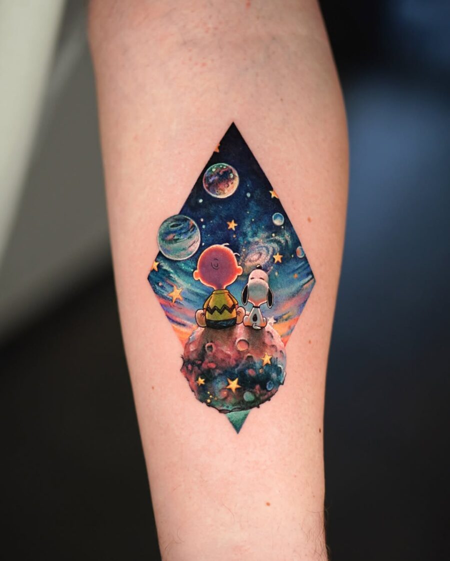 Whimsical cosmic adventure with Charlie Brown and Snoopy Tattoo on skin