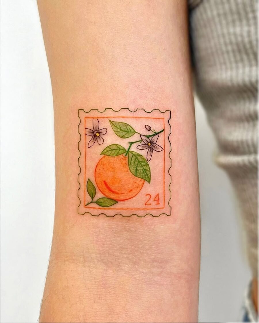 A playful orange stamp tattoo design Tattoo on skin