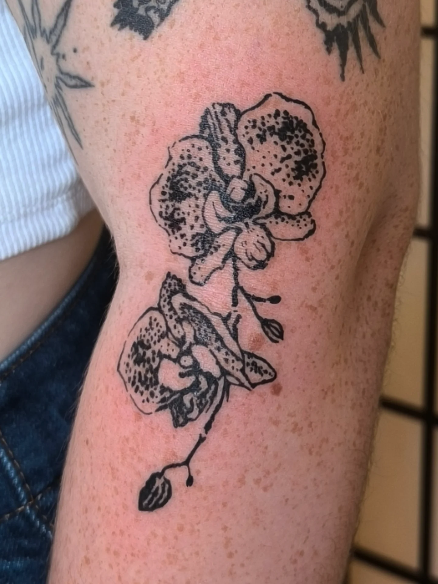 Delicate black orchid design on the arm Tattoo on skin