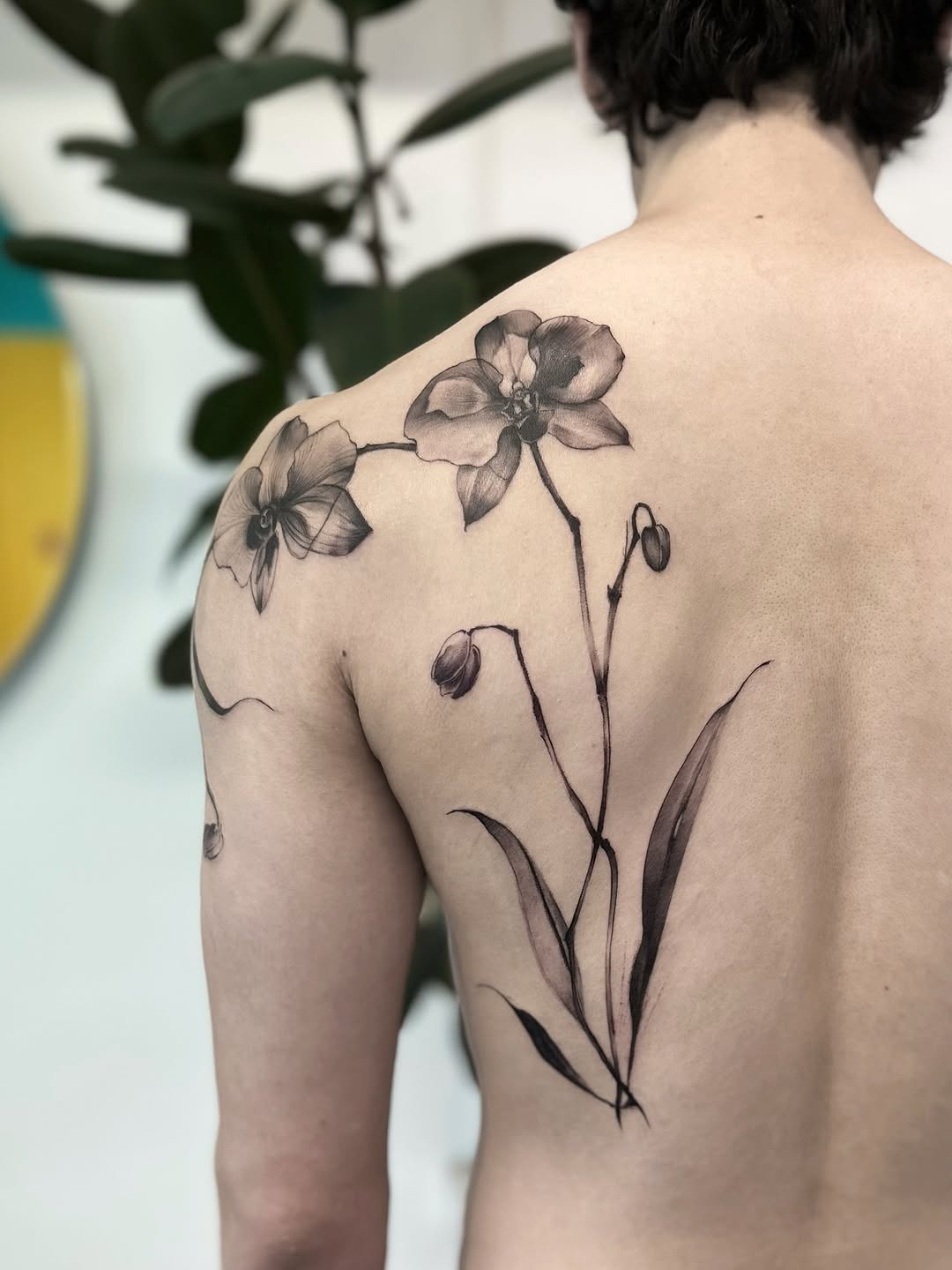 Elegant orchid tattoo on the back Tattoo on skin