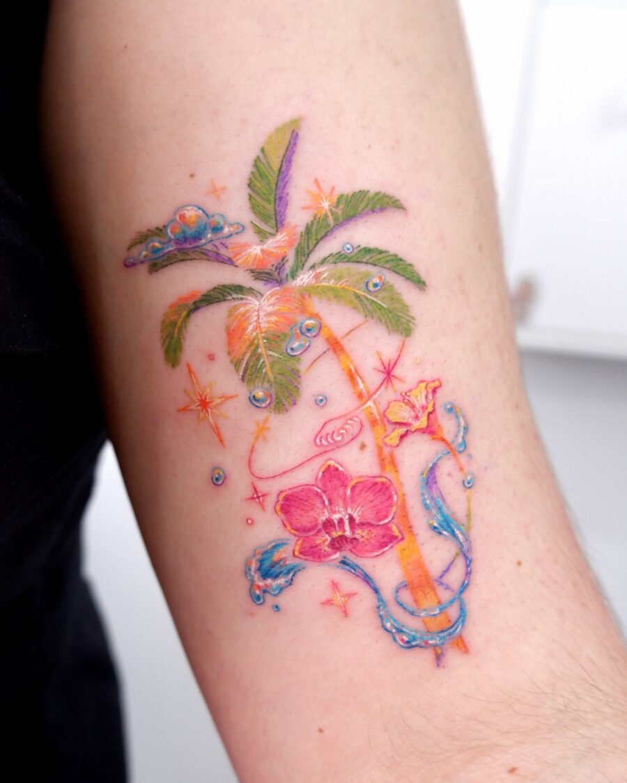 A vibrant tropical palm tree tattoo design Tattoo on skin