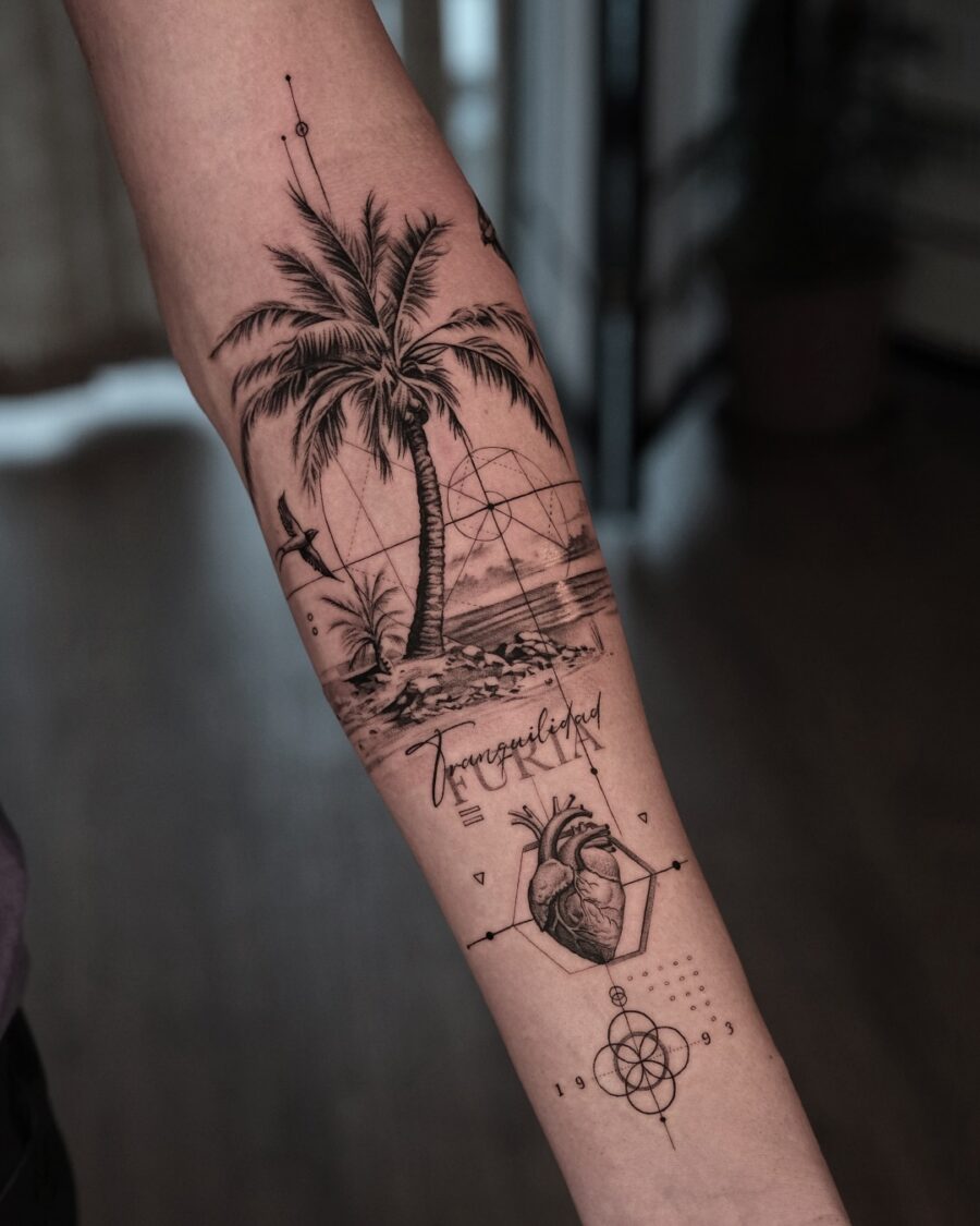 Elegant palm tree with intricate details Tattoo on skin