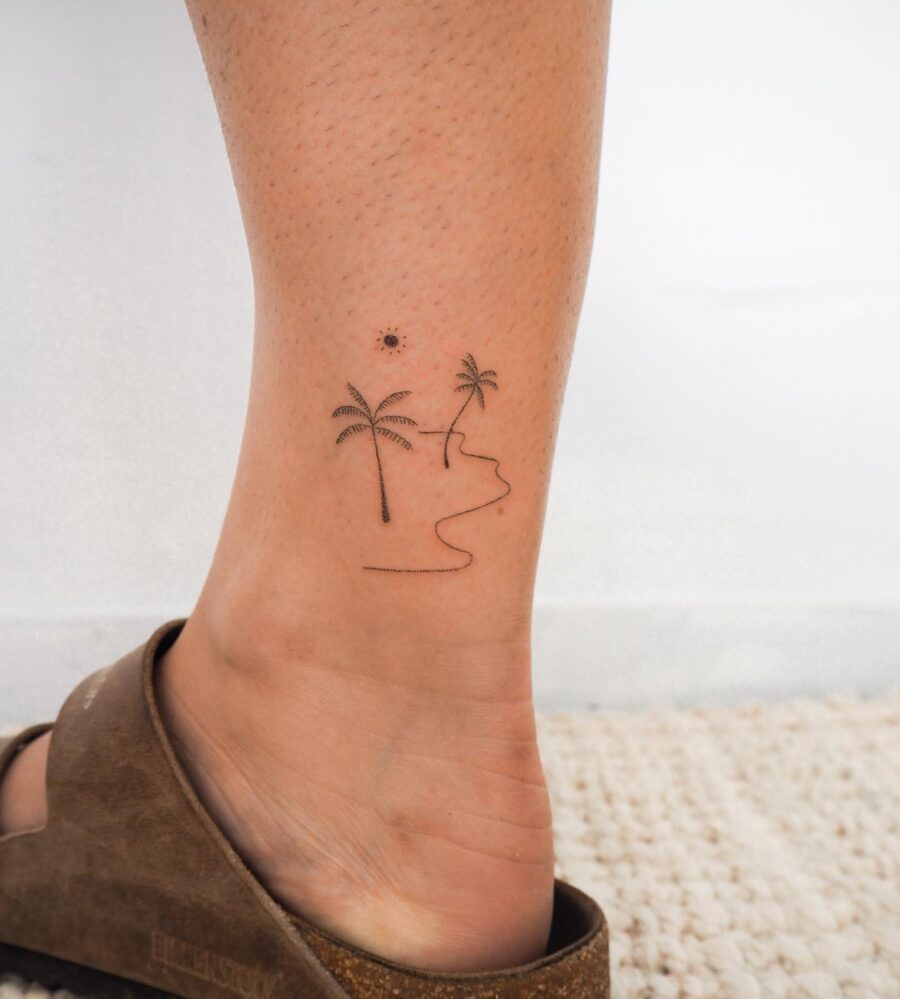 Minimalist Palm Tree Tattoo Design on Ankle Tattoo on skin