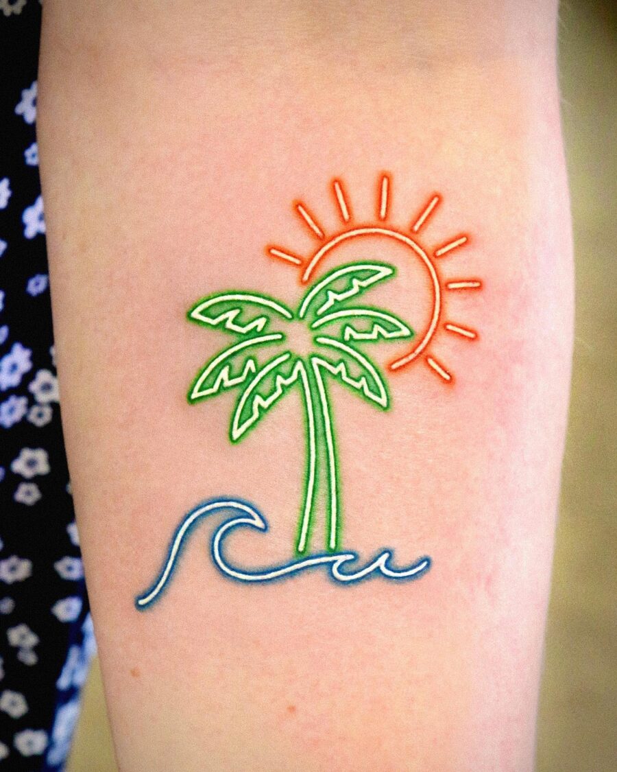 Vibrant Palm Tree Tattoo with Sun Vibes Tattoo on skin