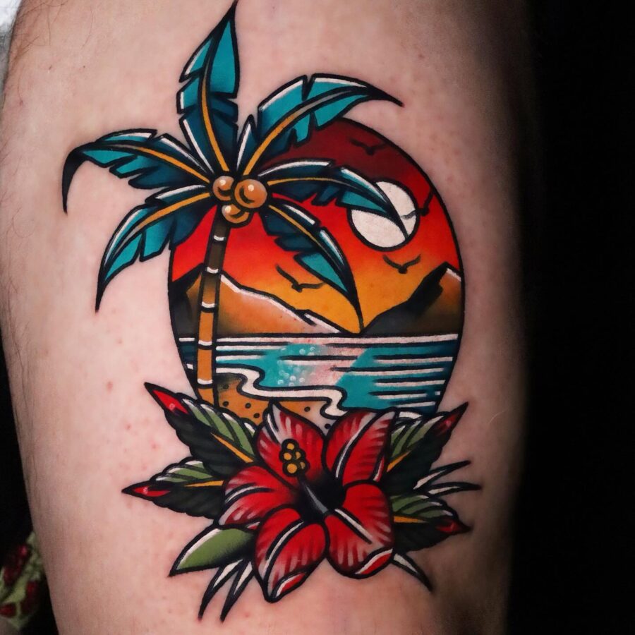 Vibrant palm tree tattoo with sunset vibes Tattoo on skin