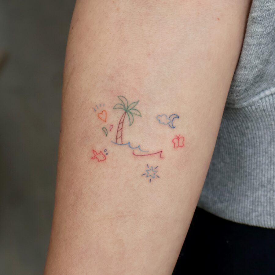 Whimsical palm tree tattoo with playful elements Tattoo on skin