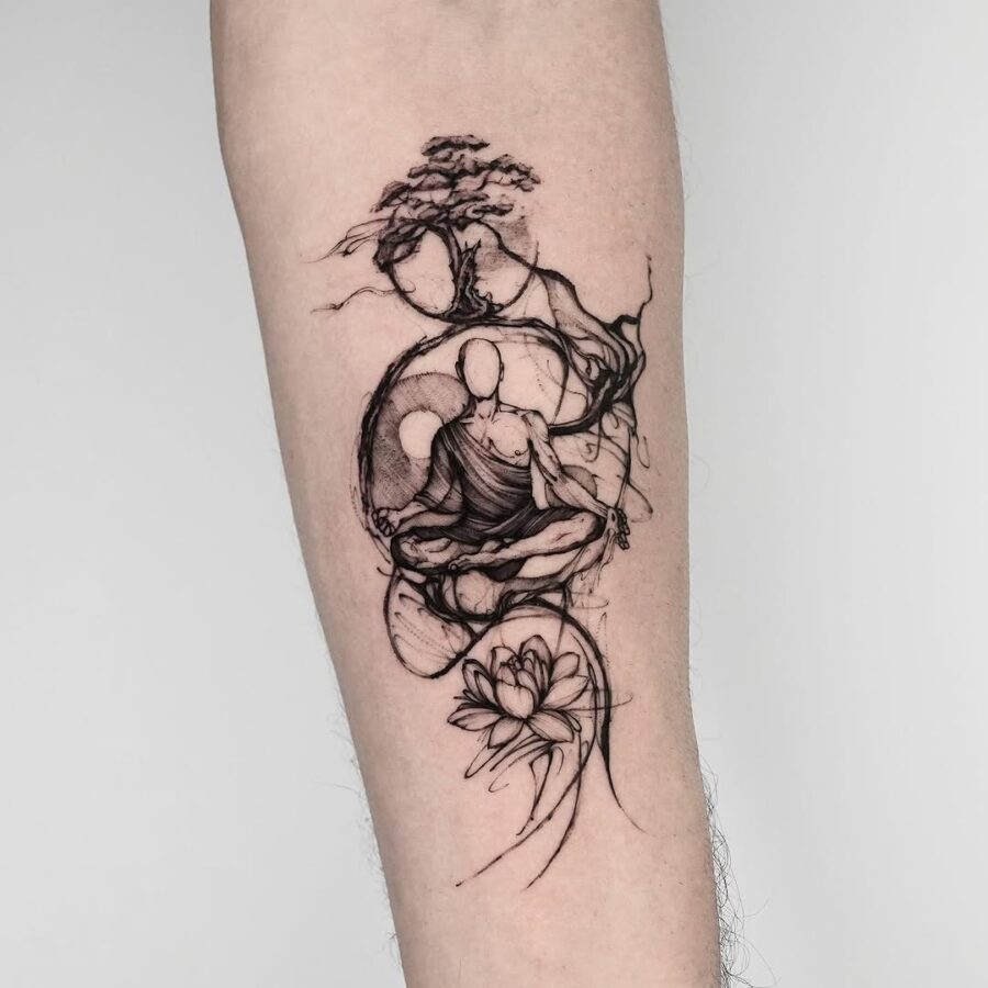 Meditative tattoo symbolizes inner peace and tranquility. Tattoo on skin
