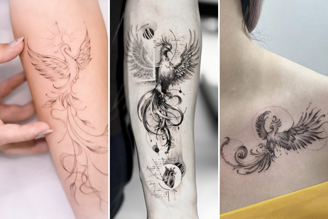 35+ Phoenix Tattoo Ideas Rising From Ash With Radiant Fire Featured 3-Panel Lookbook Collage