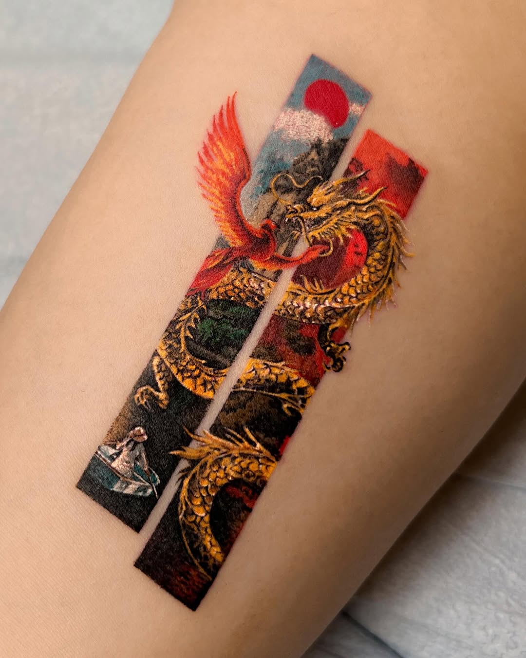 Fusion of mythical creatures in vivid ink Tattoo on skin