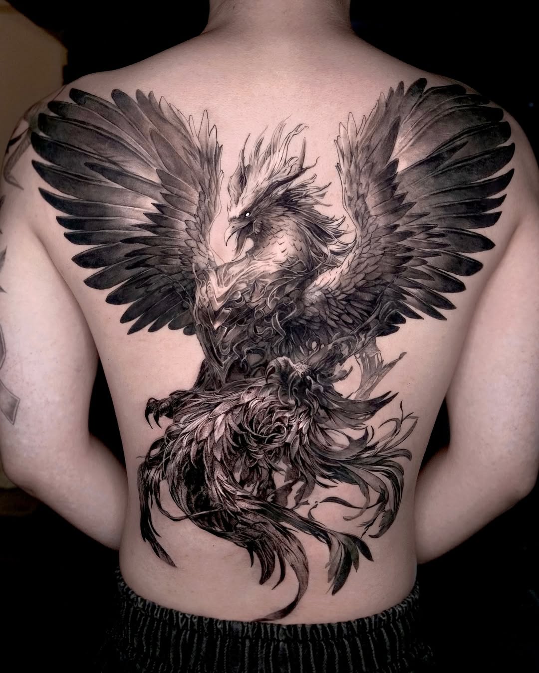 Majestic phoenix tattoo soaring across the back Tattoo on skin