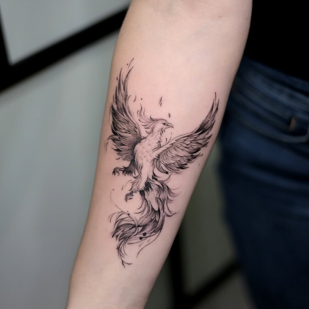 Stunning black phoenix tattoo on forearm Tattoo on skin