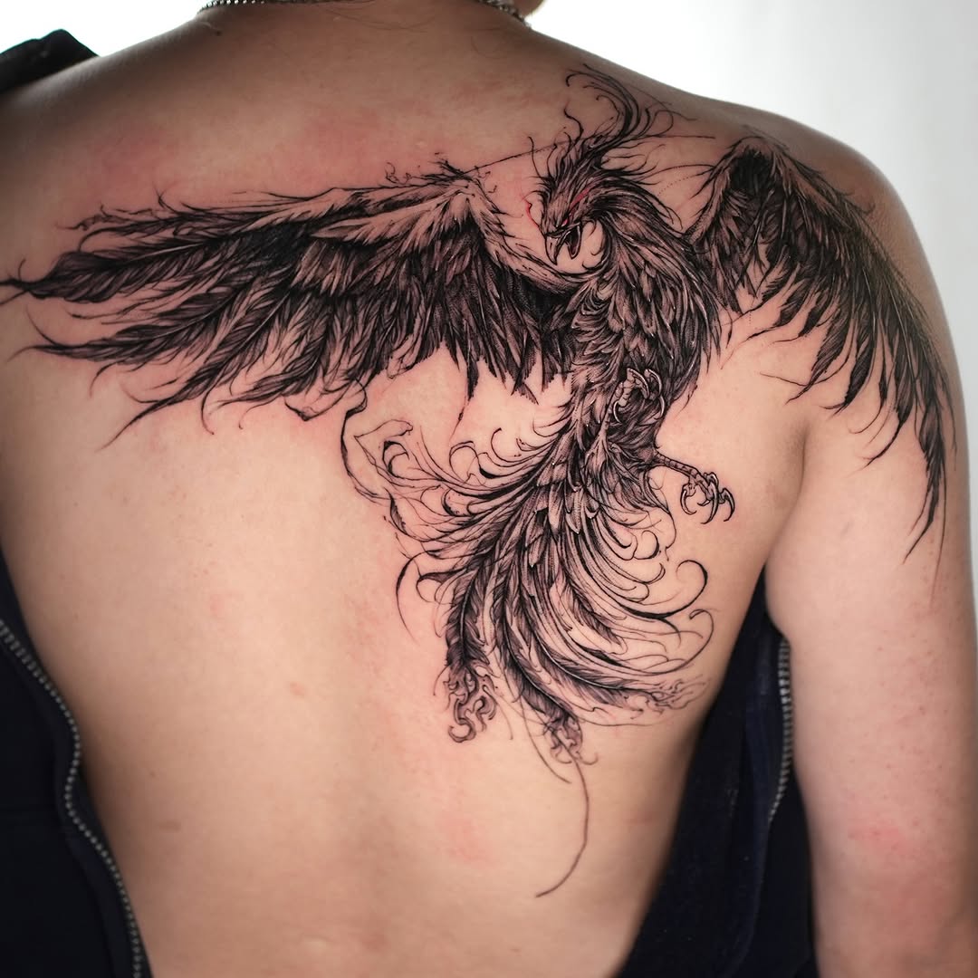 Stunning Phoenix Tattoo Across the Back Tattoo on skin