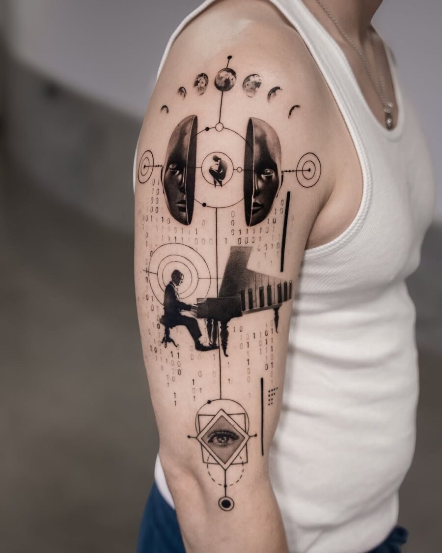Futuristic piano tattoo with celestial elements Tattoo on skin