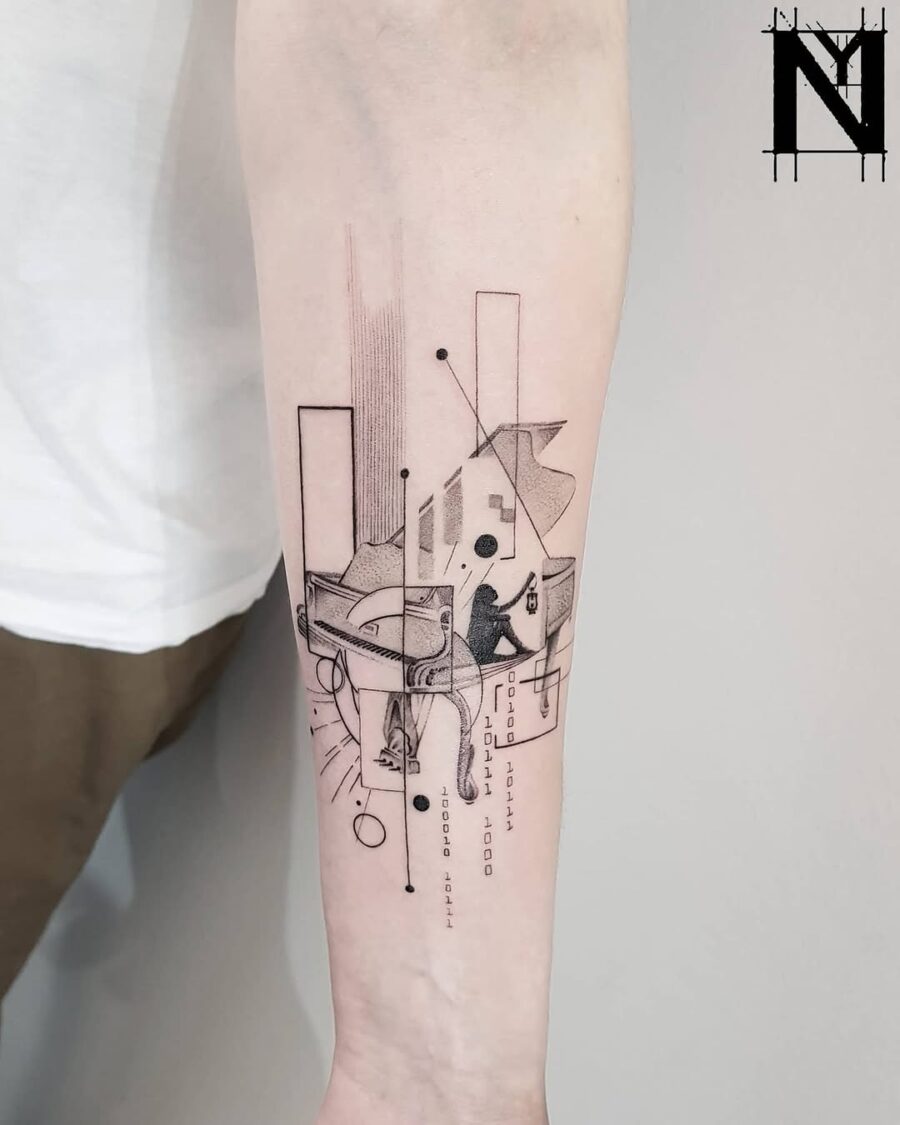 Sleek Modern Piano Tattoo with Abstract Design Tattoo on skin