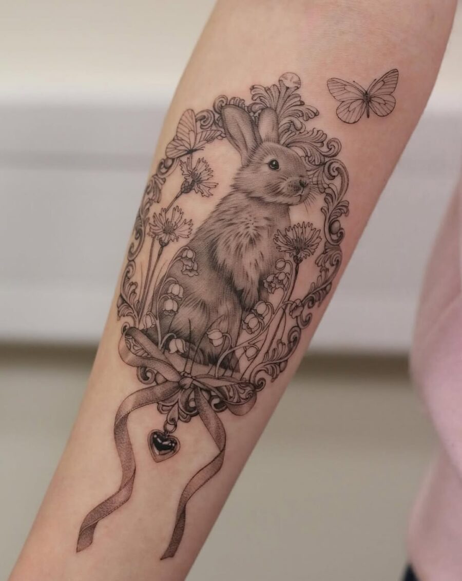 Elegant rabbit tattoo surrounded by floral elements Tattoo on skin