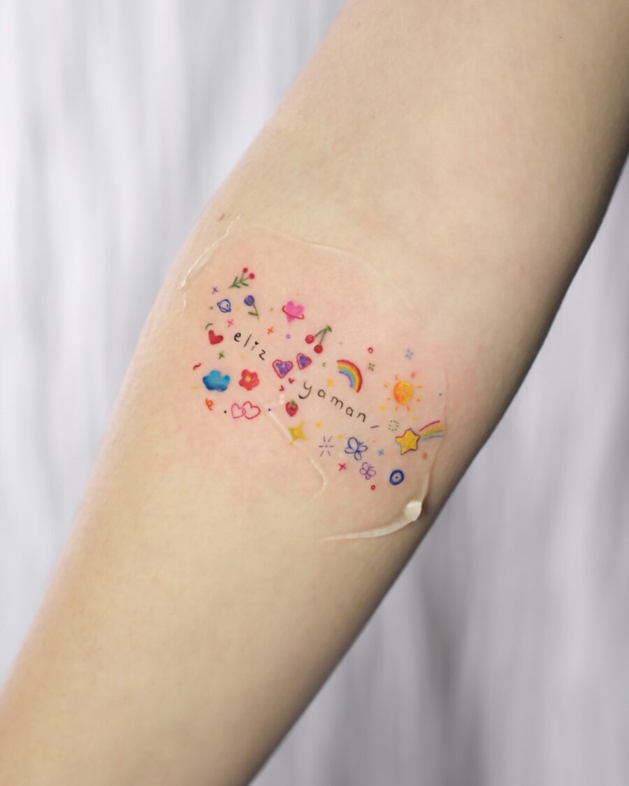 A cheerful tribute to rainbow babies Tattoo on skin