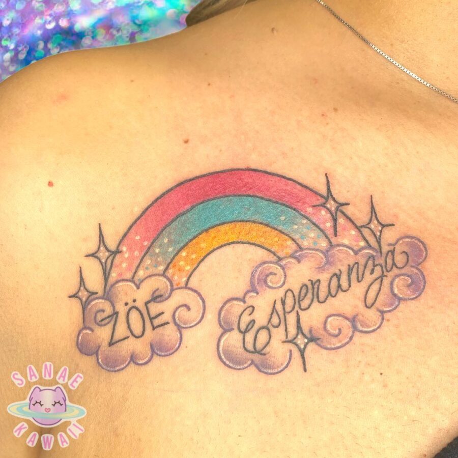 Colorful tribute to a cherished rainbow baby Tattoo on skin