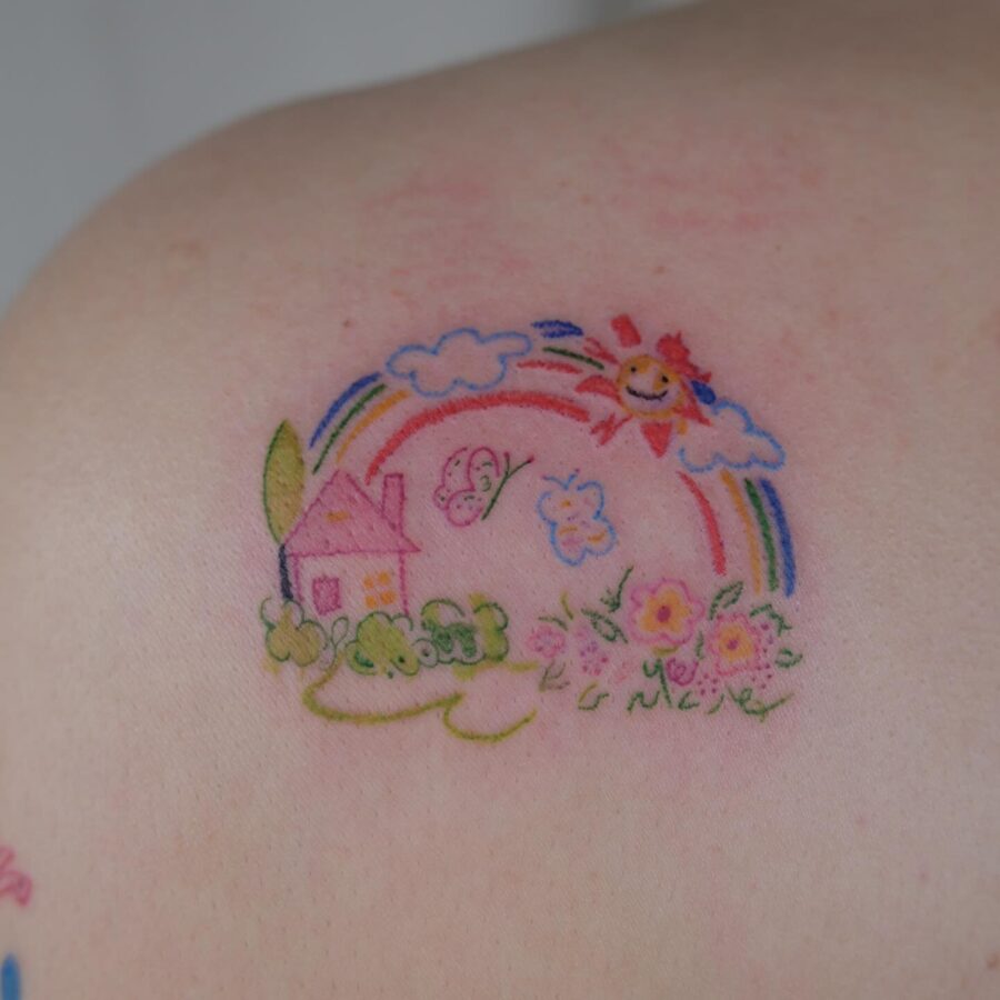 Whimsical rainbow baby tattoo with nature elements Tattoo on skin
