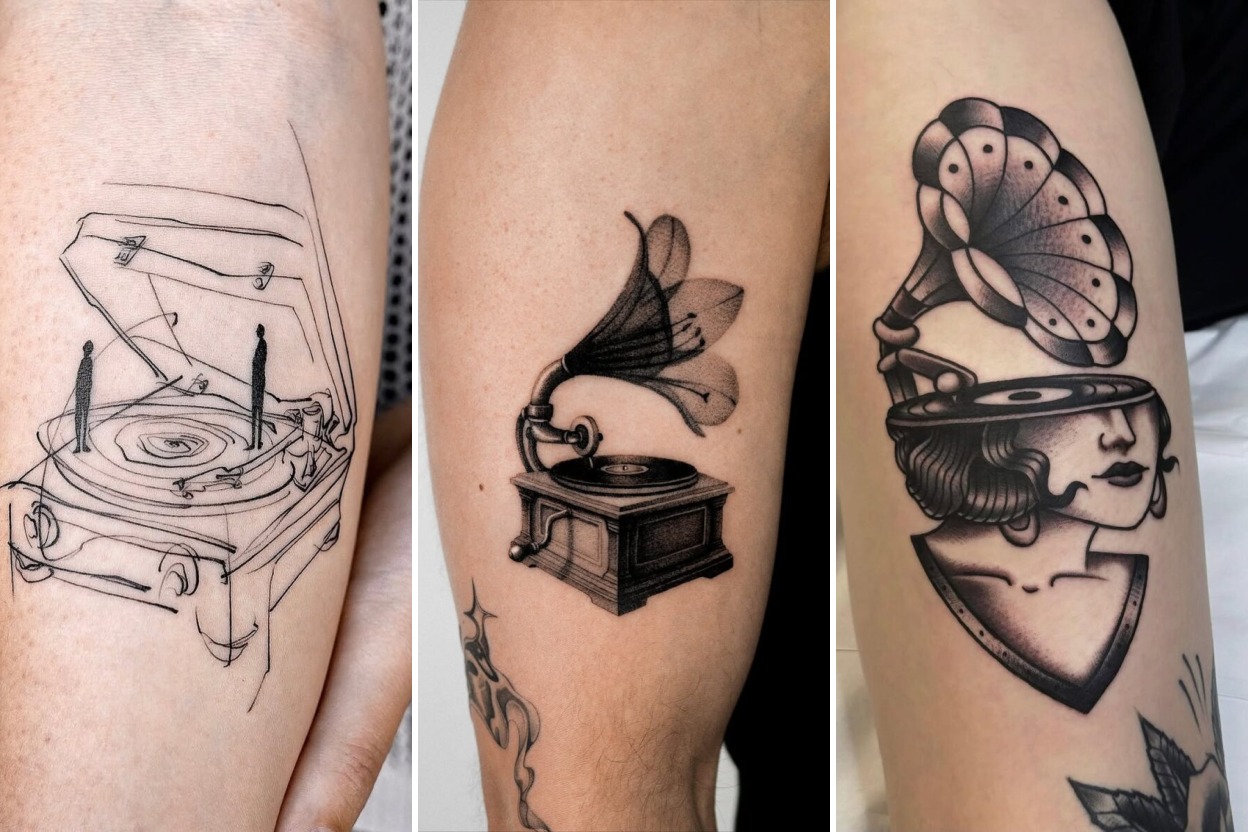 35+ Record Player Tattoo Ideas Spinning Timeless Vintage Vinyl Grooves Featured 3-Panel Lookbook Collage