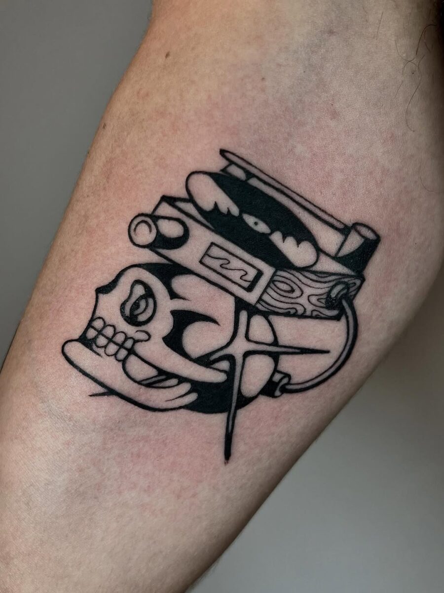 Stylish skull with record player tattoo design record player tattoos