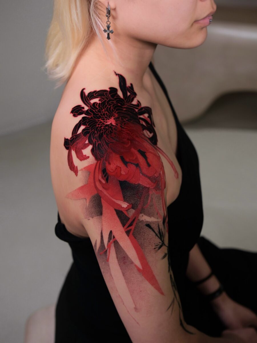 Bold Red Floral Tattoo on Shoulder Tattoo on skin
