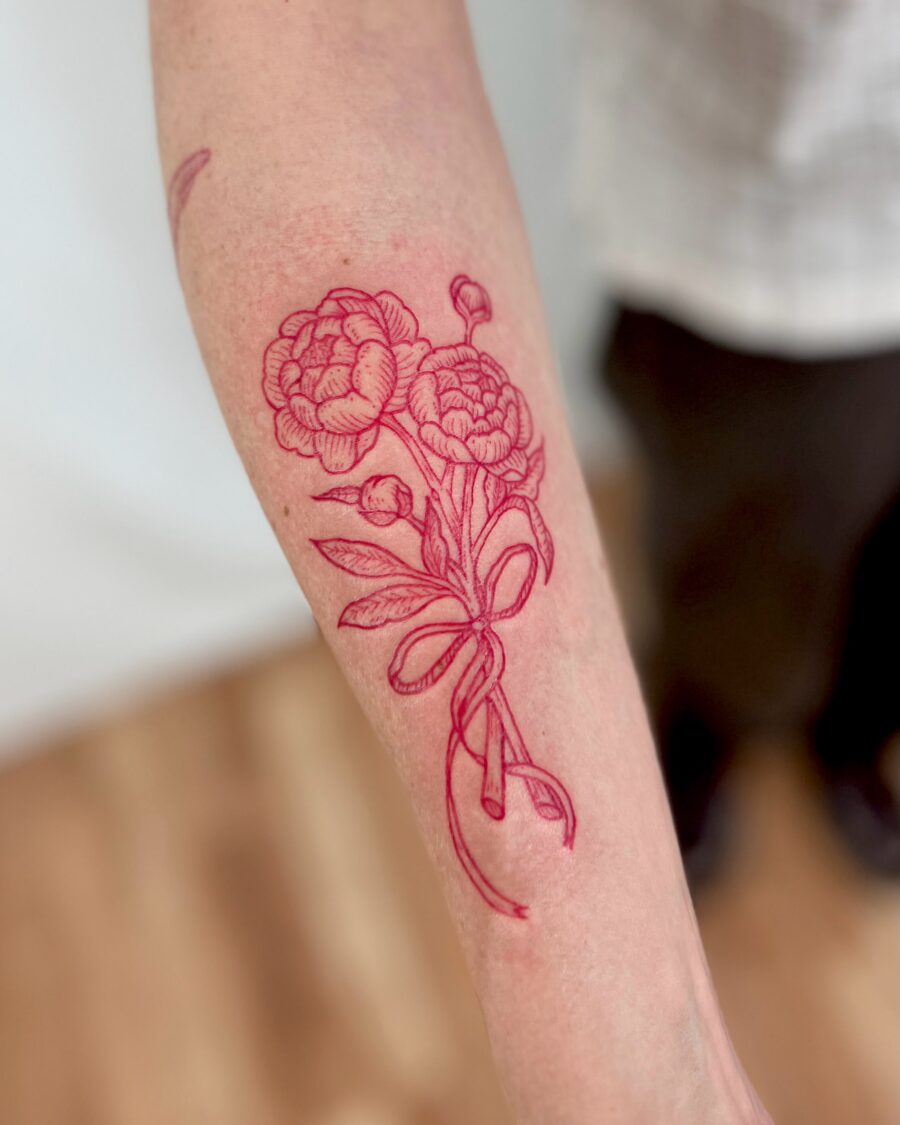 Elegant red ink peony tattoo design Tattoo on skin