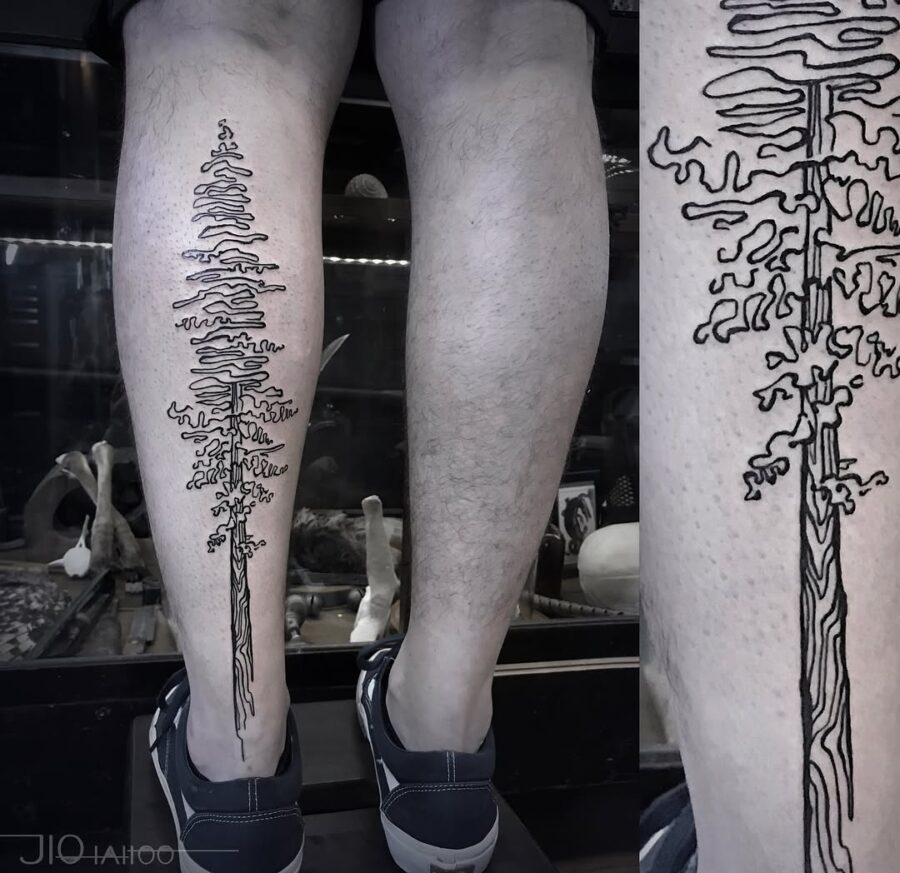 Stunning minimalist redwood tree leg tattoo Tattoo on skin