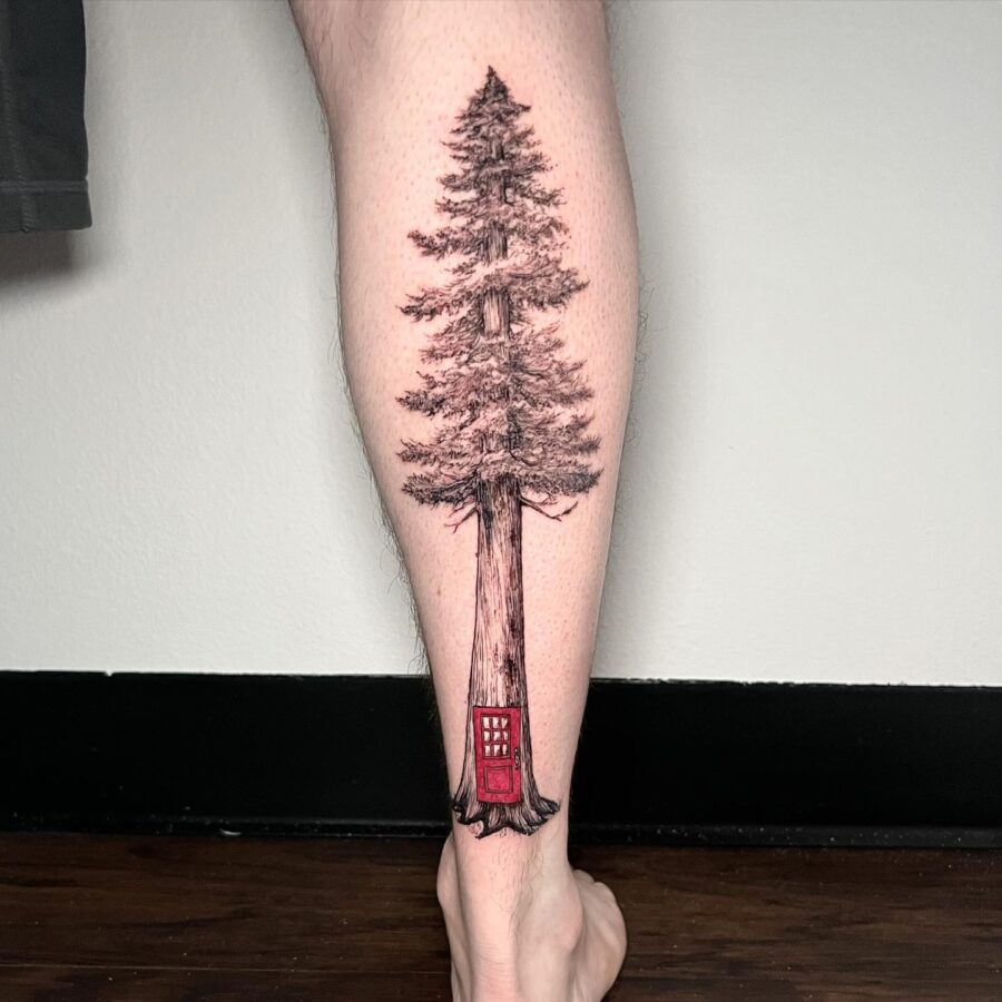 Unique redwood tattoo with a door detail Tattoo on skin