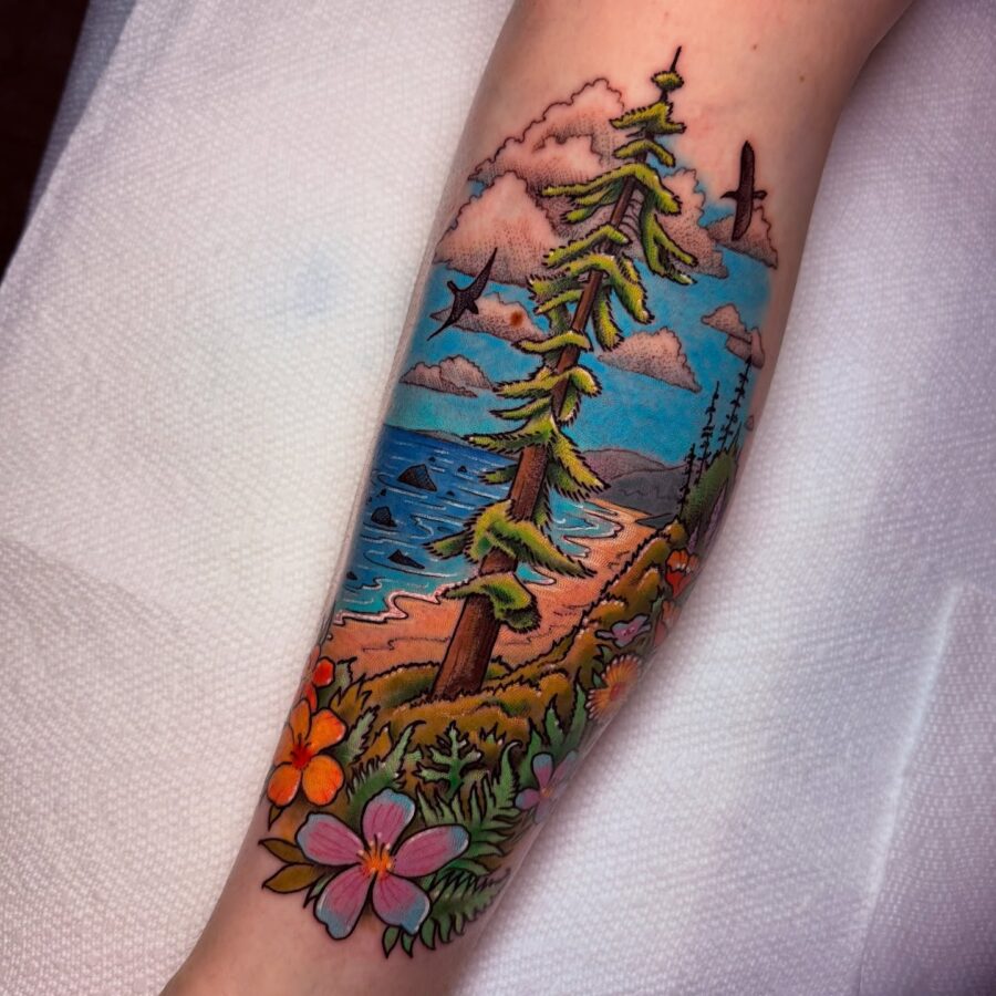 Vibrant Redwood Tree Tattoo with Scenic Background Tattoo on skin