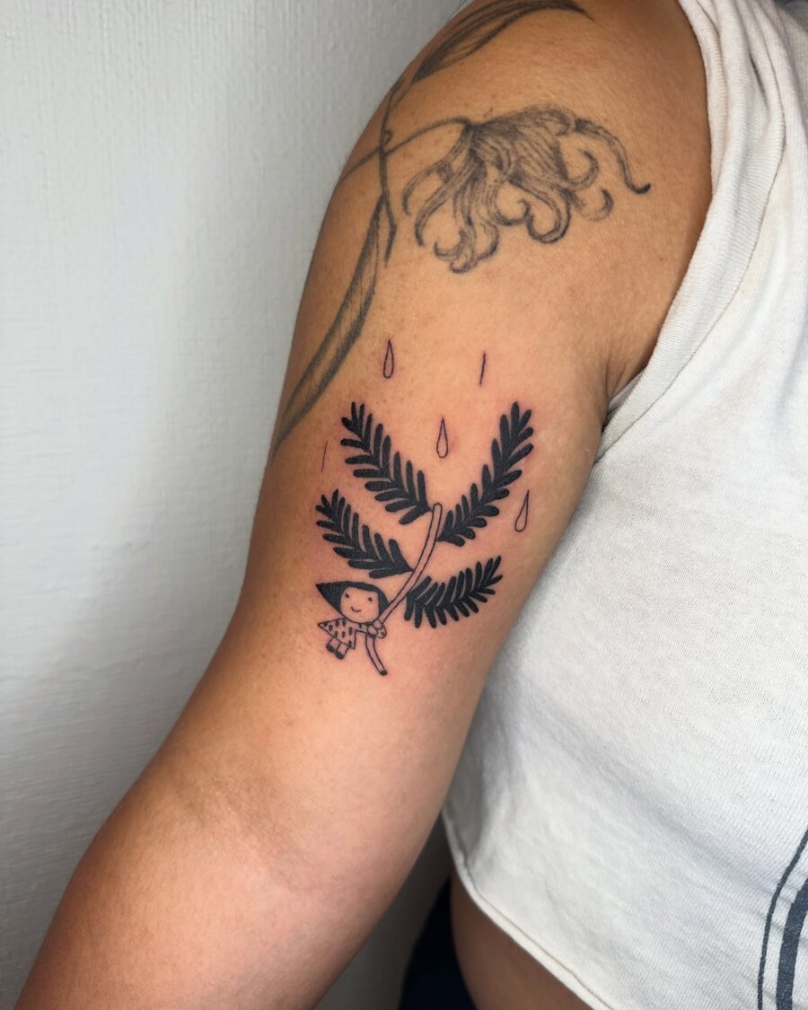 Whimsical redwood tree tattoo with a cute character Tattoo on skin