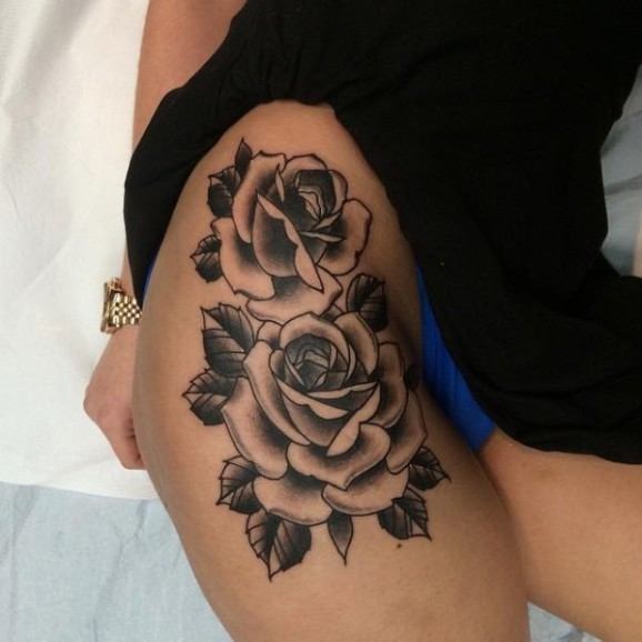 Sexy Rose Tattoo On A Lady&rsquo;s Thigh Tattoo on skin