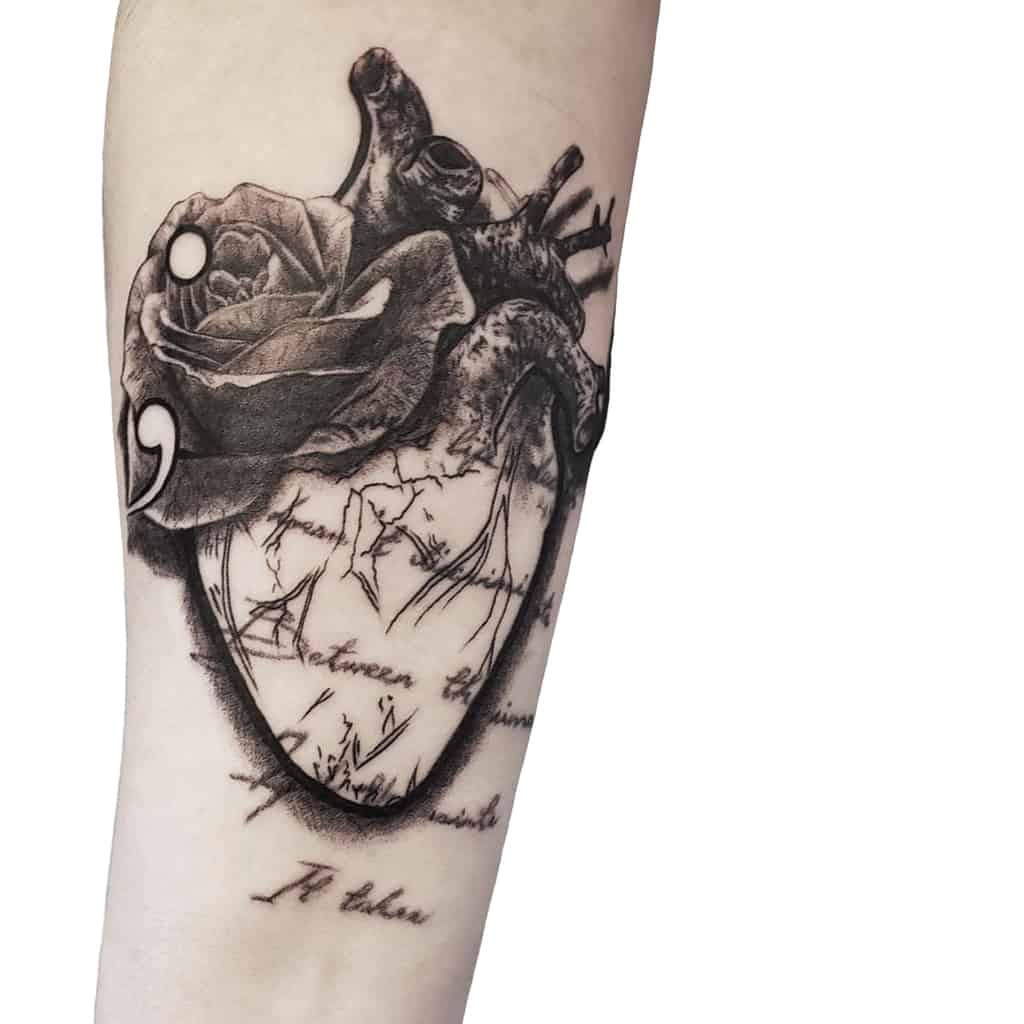 Semicolon Over Heart, Quote, and Flowers Semicolon Tattoo Tattoo on skin