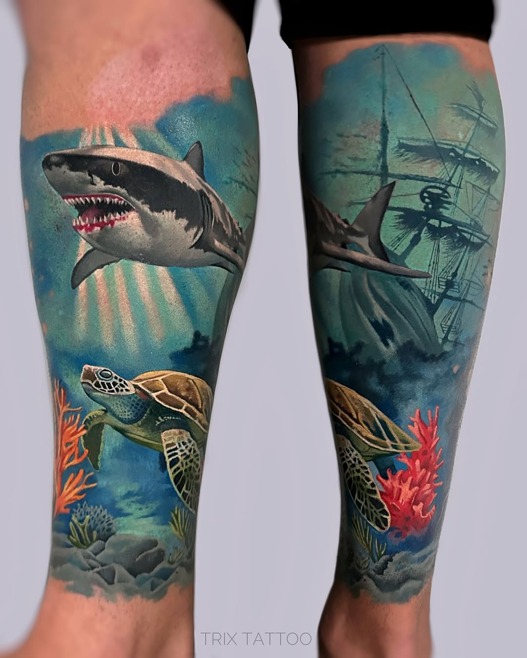 Bold shark tattoo with vibrant underwater scene Tattoo on skin