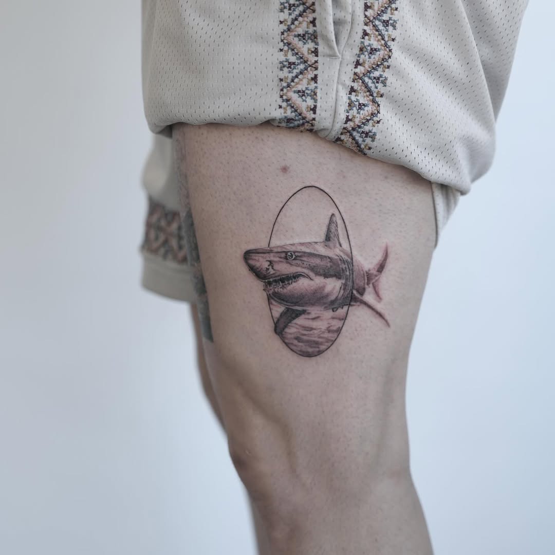 Detailed shark tattoo on thigh area Tattoo on skin