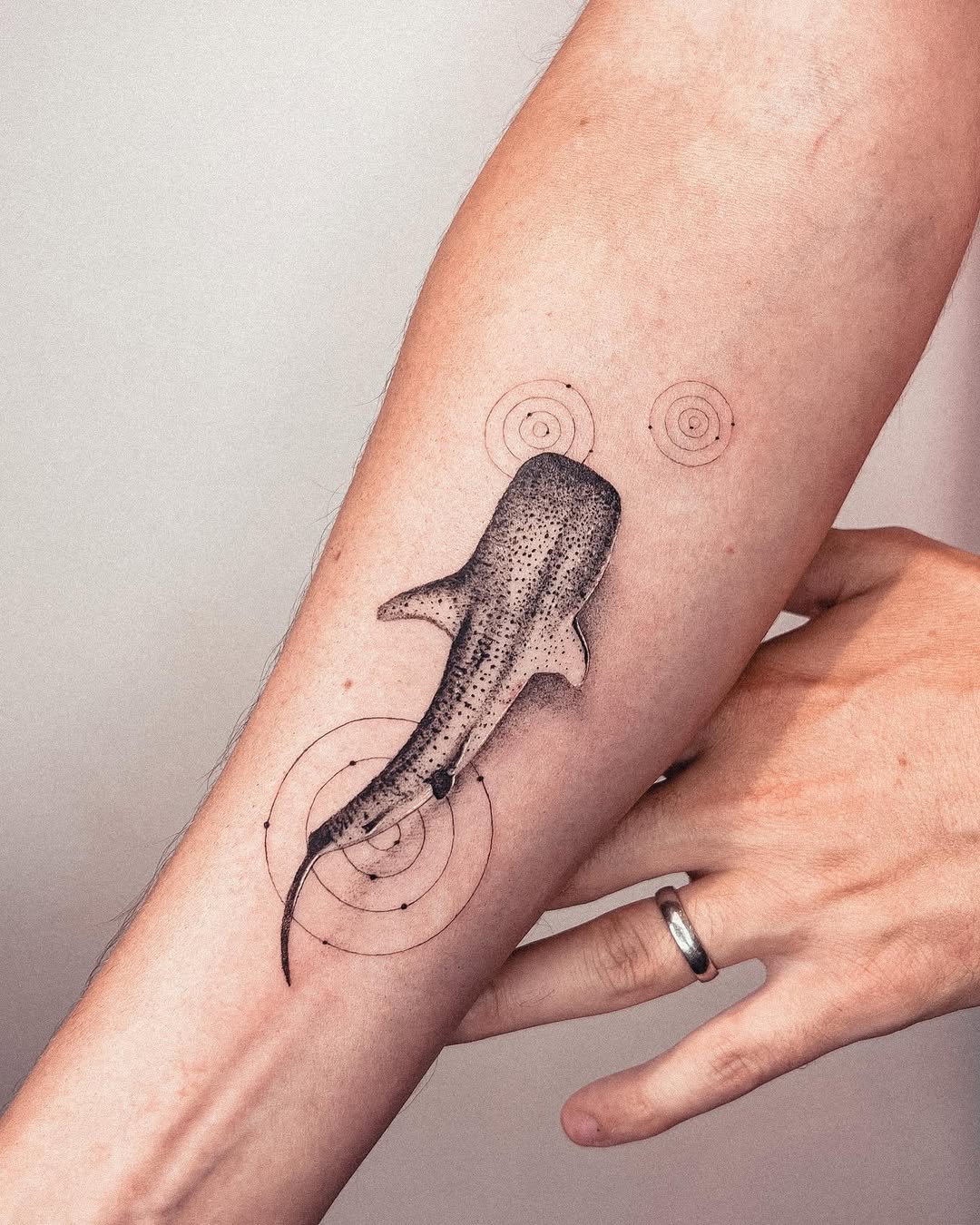 Intricate shark tattoo with mesmerizing circular patterns Tattoo on skin