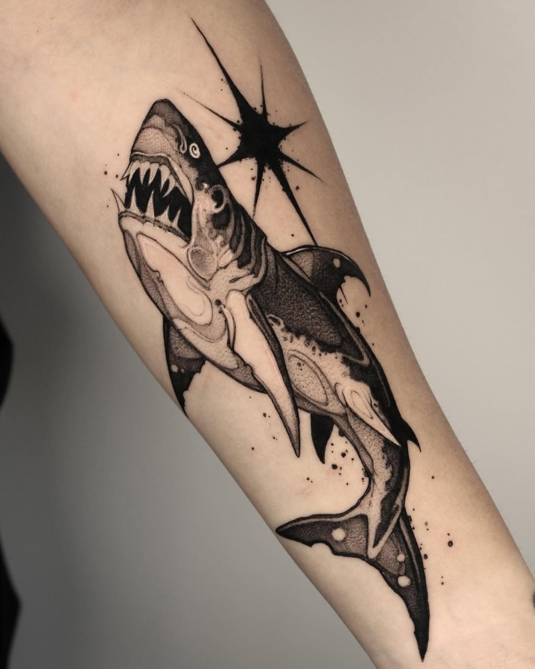 Stunning black ink shark tattoo design Tattoo on skin