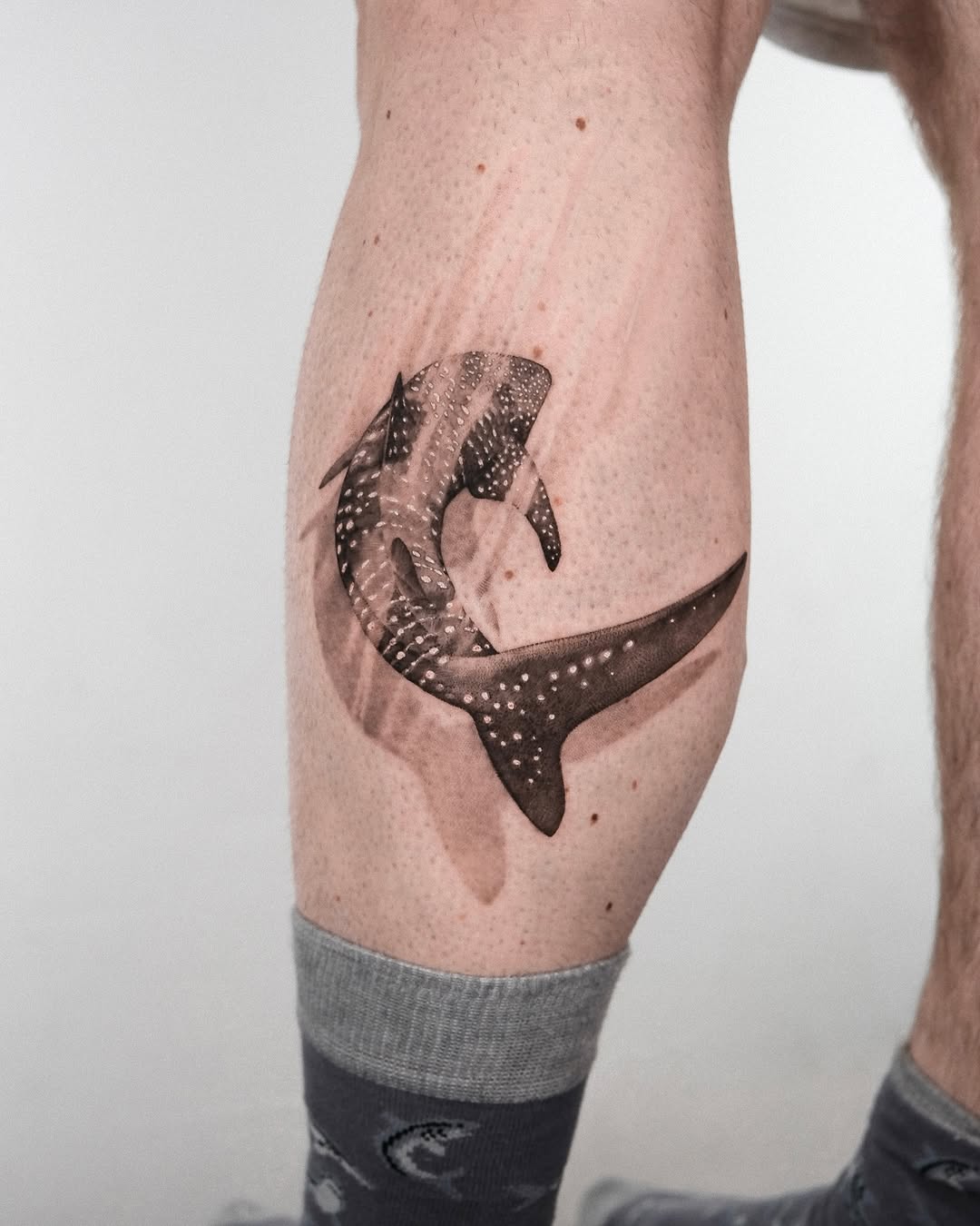 Stunning whale shark tattoo on leg Tattoo on skin