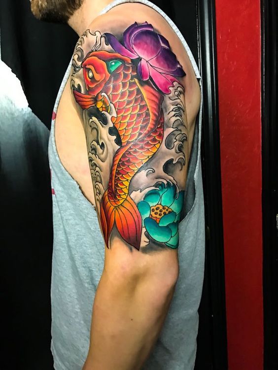 Colorful Majestic Koi Swimming Shoulder Tattoo Ideas Tattoo on skin