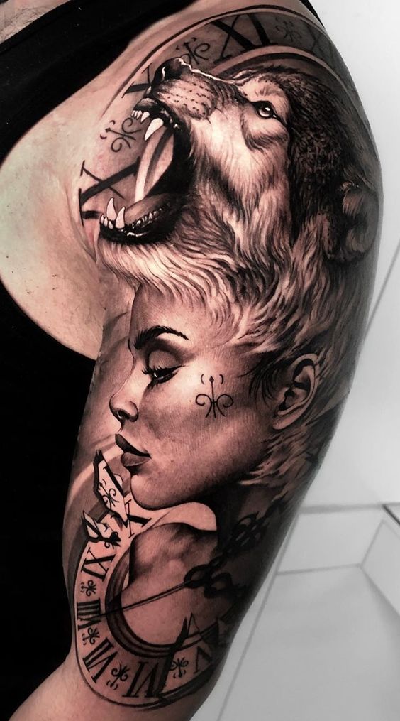 Howling Wolf Girl Hybrid Shoulder Tattoo Tattoo on skin