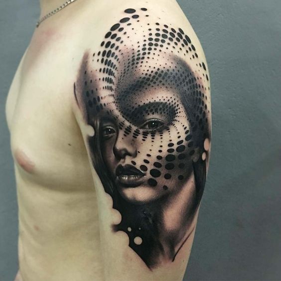 Pop Art Style Woman Face Shoulder Tattoo Tattoo on skin