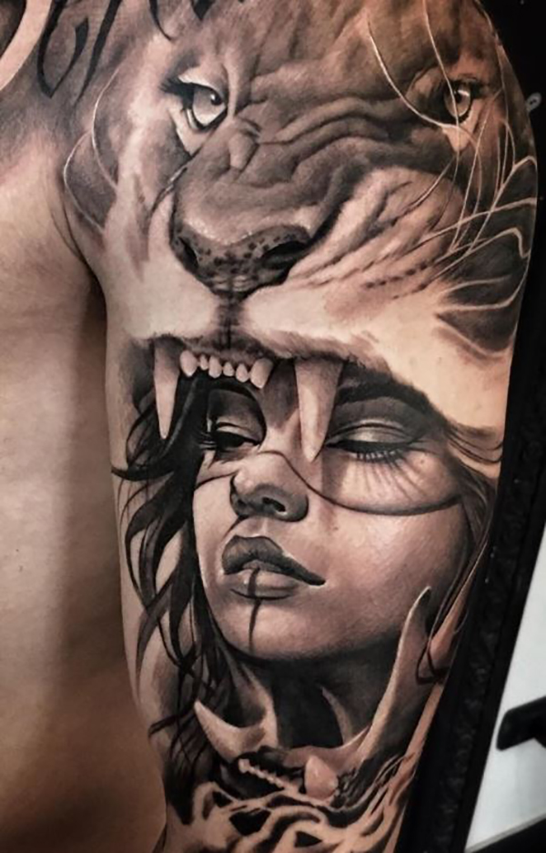 Woman Warrior Blended Lion Tattoo Tattoo on skin